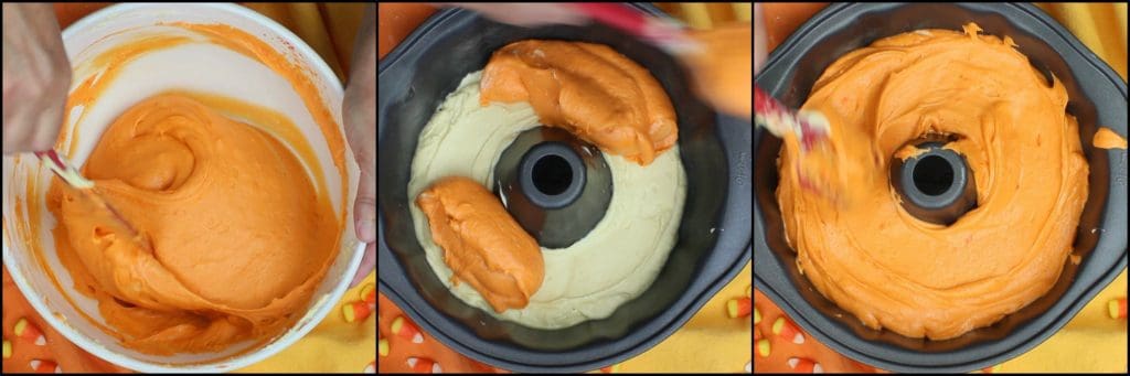 Photo tutorial of how to make a candy corn citrus flavored pound cake.