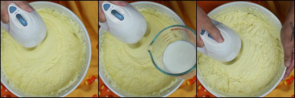 Photo tutorial of how to make a candy corn citrus flavored pound cake.