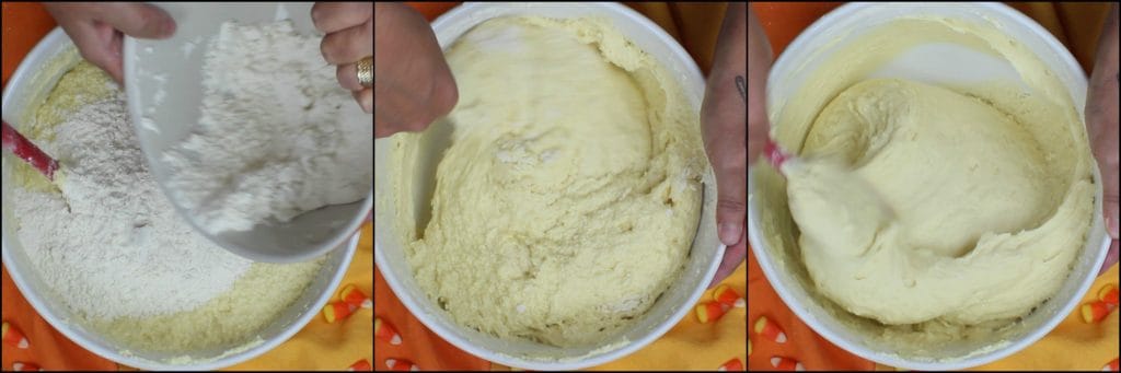 Photo tutorial of how to make a candy corn citrus flavored pound cake.