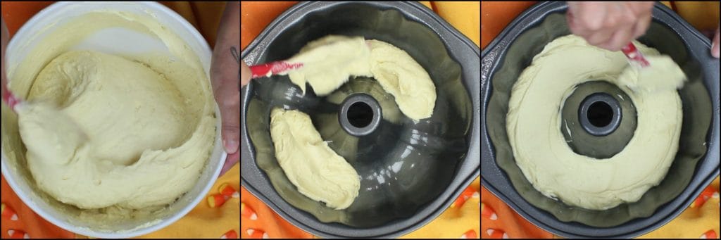 Photo tutorial of how to make a candy corn citrus flavored pound cake.