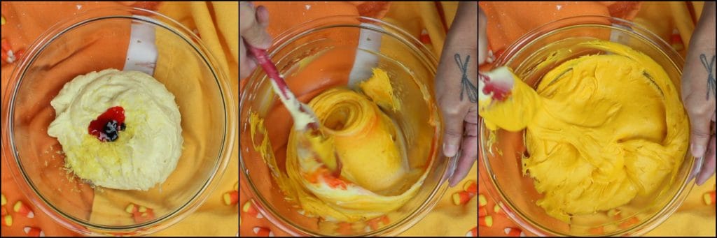 Photo tutorial of how to make a candy corn citrus flavored pound cake.