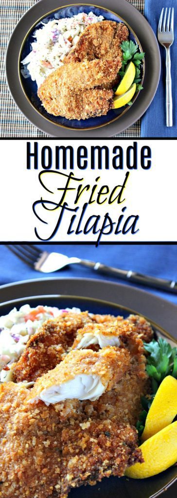 Vertical title text collage image of fried tilapia on a plate with a fork and a blue napkin.