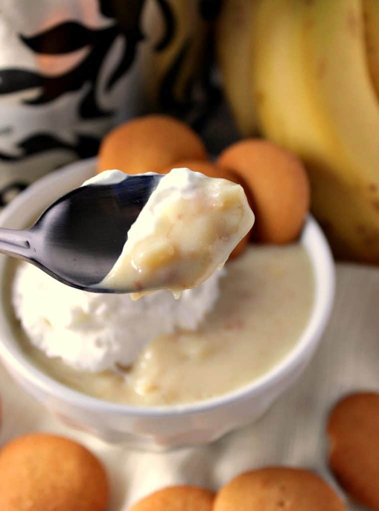 Closeup of banana pudding on a spoon with a bowl underneath, more pudding, whipped cream, and vanilla wafer cookies.