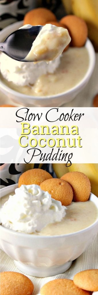 Title text vertical collage images of banana coconut pudding in a white bowl with whipped cream and vanilla wafer cookies.