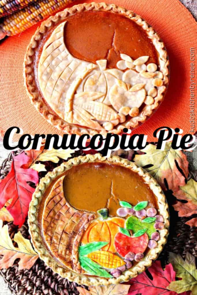 A photo collage of two Cornucopia Pumpkin Pie. One with a plain crust and one with a painted crust.