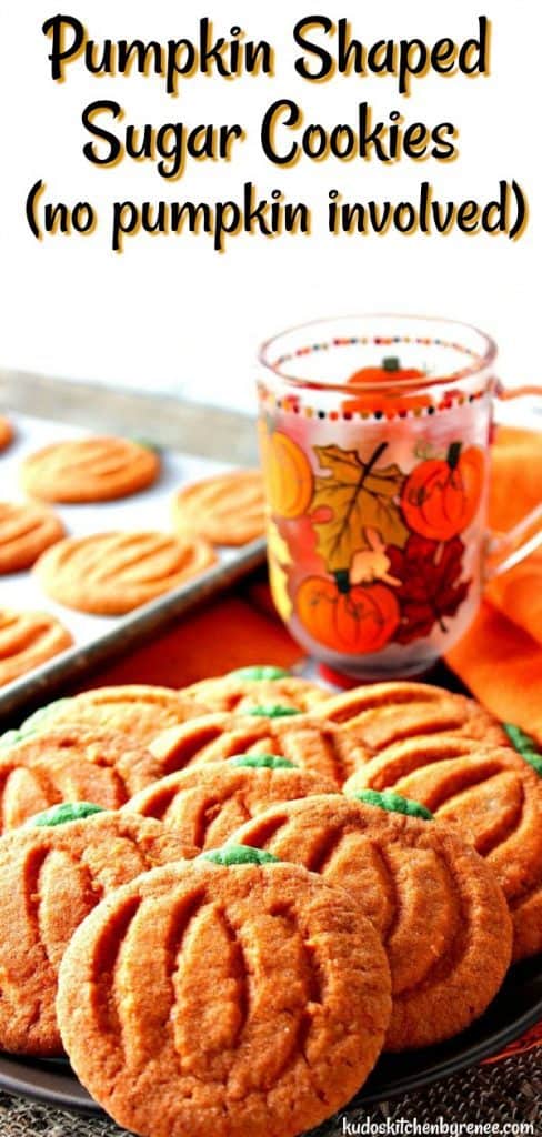 Title text vertical image of pumpkin shaped sugar cookies with a fall pumpkin mug in the background.