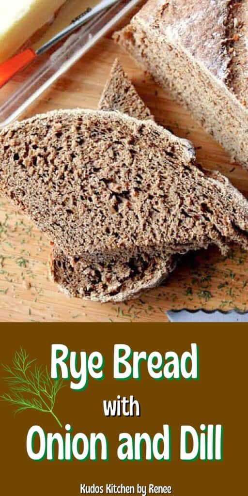 Two slices of Onion Rye Bread with Dill on a cutting board along with some dill weed.