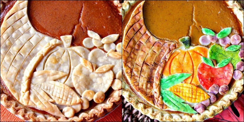 Side by side collage image of cornucopia pie, one with painted crust and one without.