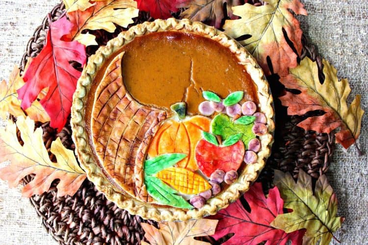 festive cornucopia crusted pumpkin pie for thanksgiving