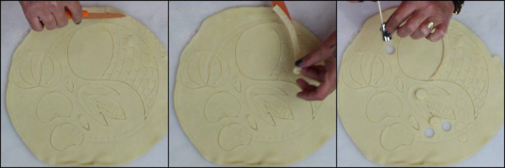 Photo tutorial for making a painting a cornucopia pie for Thanksgiving.