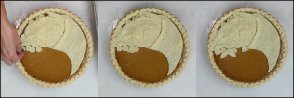 Photo tutorial for making a painting a cornucopia pie for Thanksgiving.