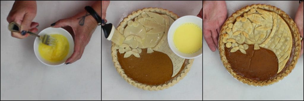 Photo tutorial for making a painting a cornucopia pie for Thanksgiving.