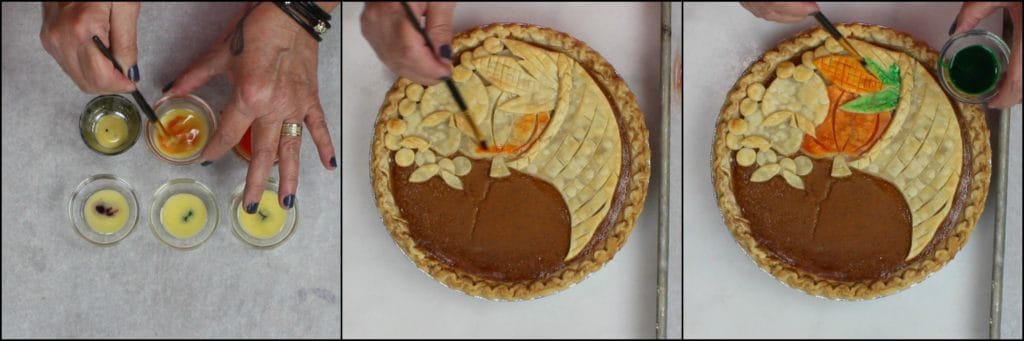 Photo tutorial for making a painting a cornucopia pie for Thanksgiving.