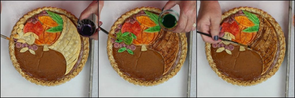 Photo tutorial for making a painting a cornucopia pie for Thanksgiving.