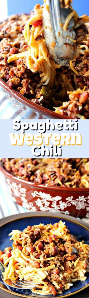 A vertical title text collage image of spaghetti western chili with tongs.