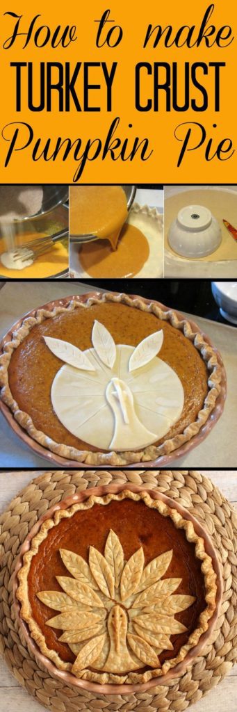 Vertical title text collage image for turkey crust pumpkin pie.