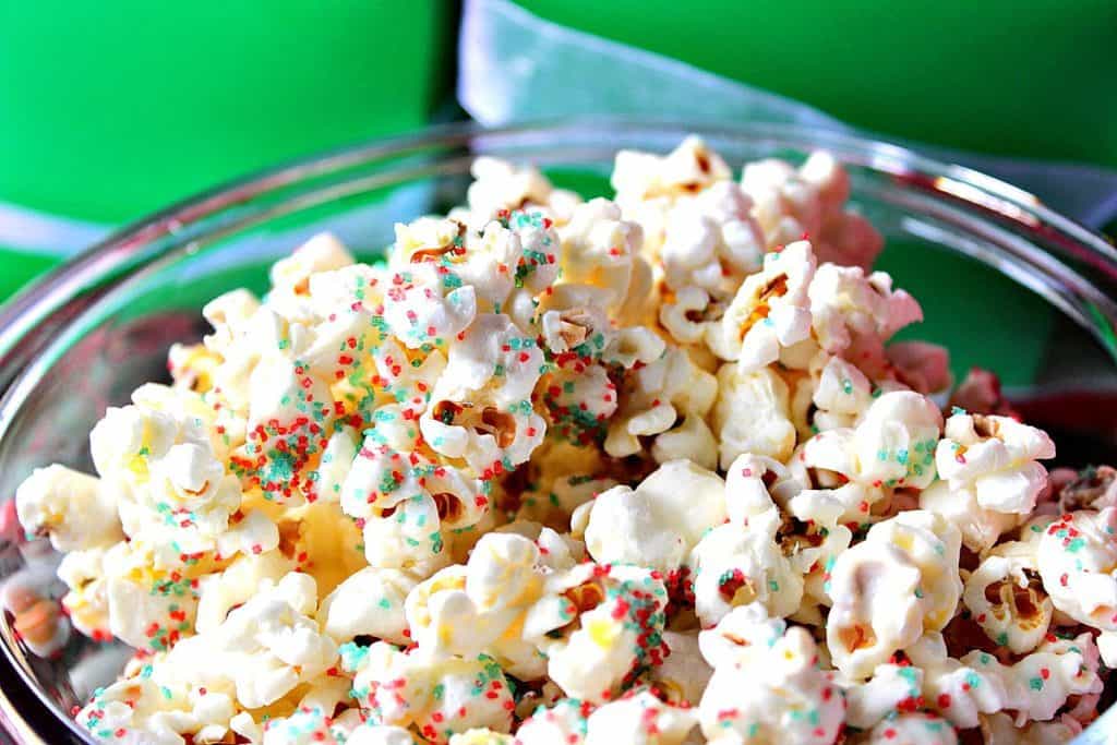 Easy Delicious White Chocolate Christmas Popcorn for Gift Giving | Kudos Kitchen by Renee