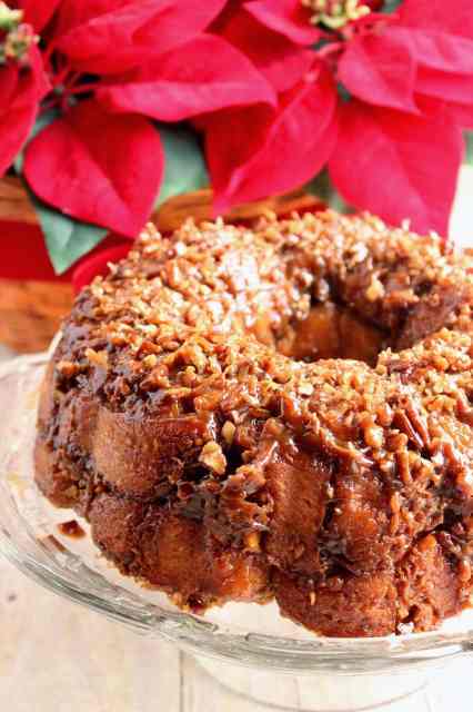 A vertical image of a coconut crescent ring with a red poinsettia in the background.