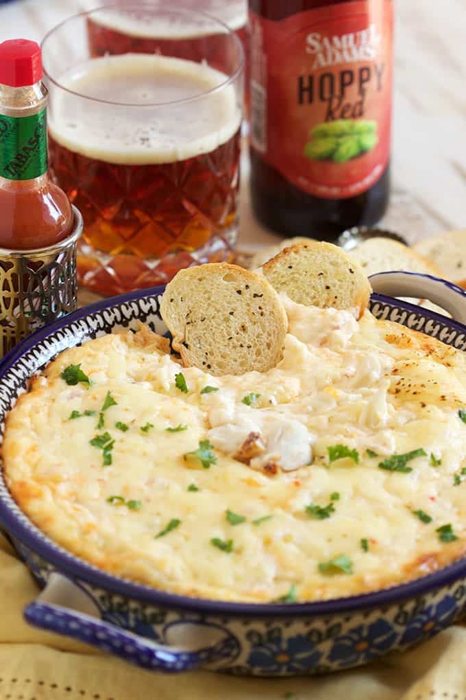 Closeup photo of cheesy dip with crackers. New Year's eve appetizers and drinks recipe roundup.