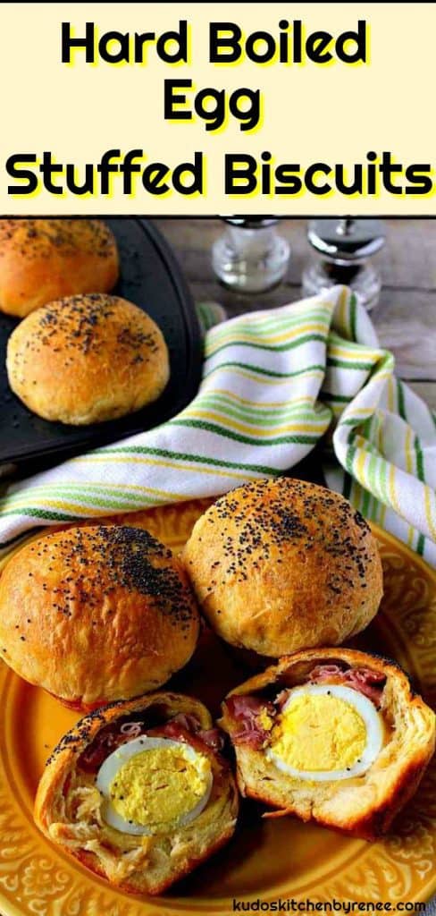 Vertical title text image of hard-boiled egg stuffed biscuits on a yellow plate.