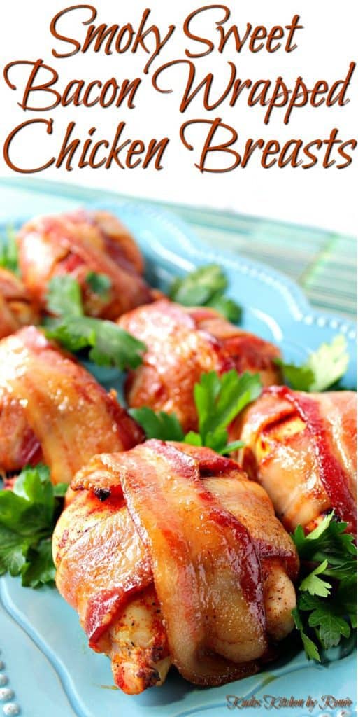 A vertical closeup title text image of smoky sweet bacon wrapped chicken breasts on a blue plate with parsley.