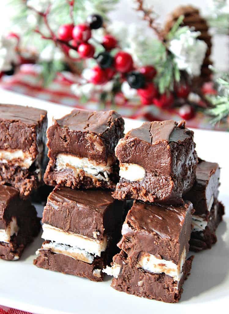 Vertical photo of chocolate peppermint espresso fudge on a platter with Christmas greenery in the background.