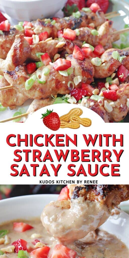A two image vertical collage with a title text overlay graphic for Chicken with Strawberry Satay Sauce.