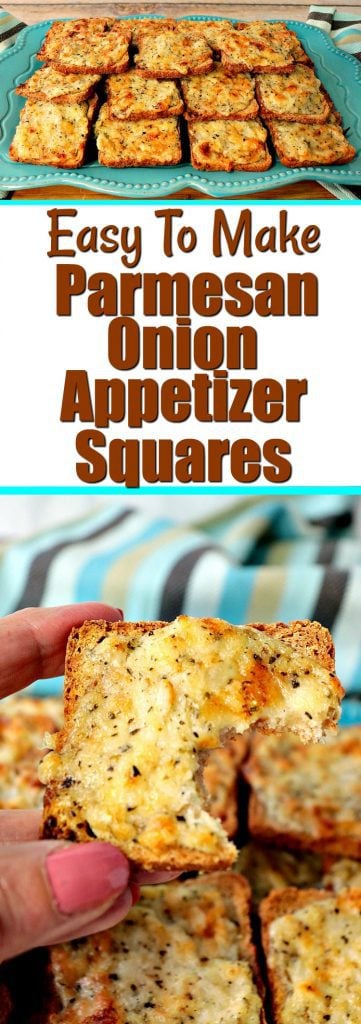 Vertical Parmesan Onion Squares photo collage with a title text overlay graphic in the center.