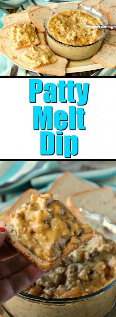 Long vertical photo collage of patty melt dip with ground beef and cheese and title text overlay.