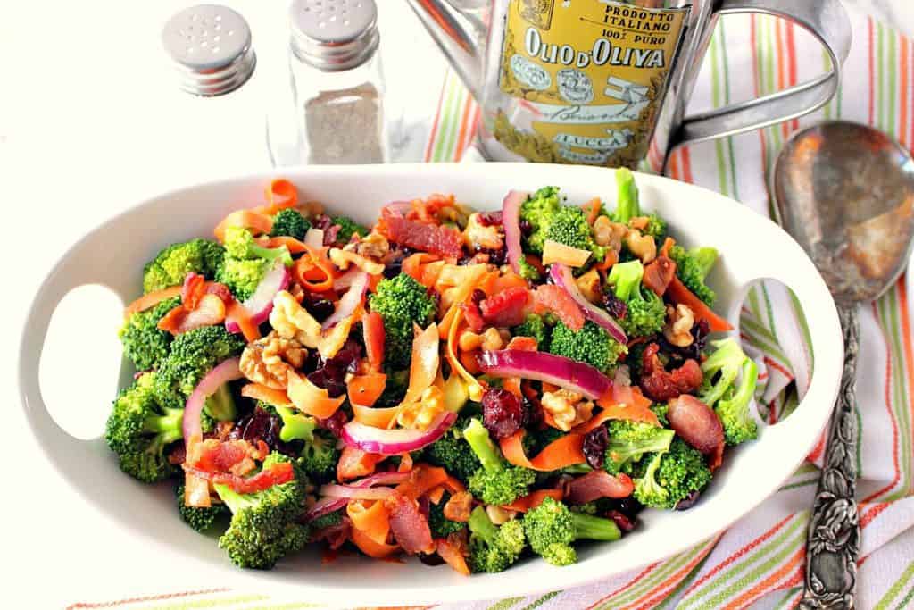  Healthy Broccoli Salad with carrots, walnuts, bacon, cranberries, and red onion. | Kudos Kitchen by Renee