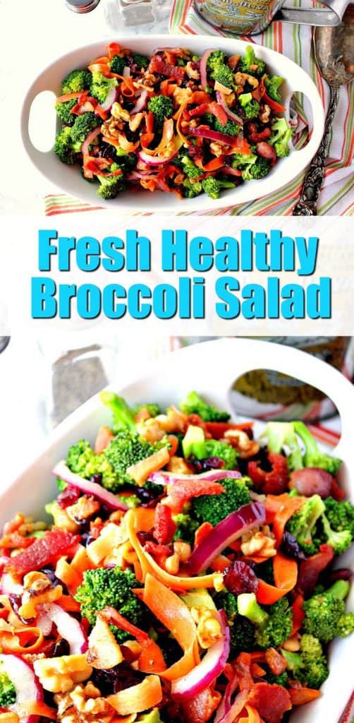 Healthy Broccoli Salad with carrots, walnuts, bacon, cranberries, and red onion. | Kudos Kitchen by Renee