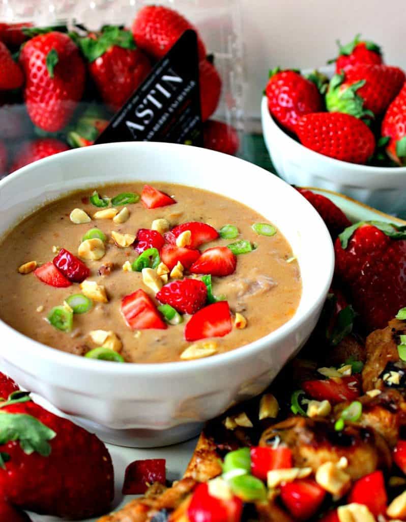 Healthy Nutritious Chicken with Strawberry Satay Sauce featuring Florida Strawberries for #SundaySupper | Kudos Kitchen by Renee