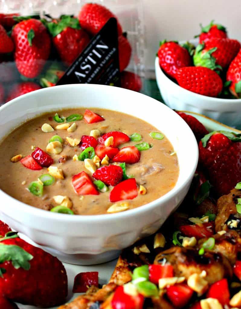 Not only is this Chicken with Strawberry Satay Sauce healthy and nutritious, but the flavor is also out of this world delicious thanks to the sweetness of Florida strawberries. - Kudos Kitchen by Renee Healthy Nutritious Chicken with Strawberry Satay Sauce featuring Florida Strawberries for #SundaySupper | Kudos Kitchen by Renee