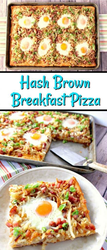 Vertical title text image collage of a hash brown breakfast pizza.