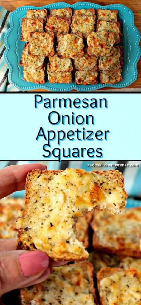 A vertical collage image of Parmesan Onion Squares with a title text overlay in the center.