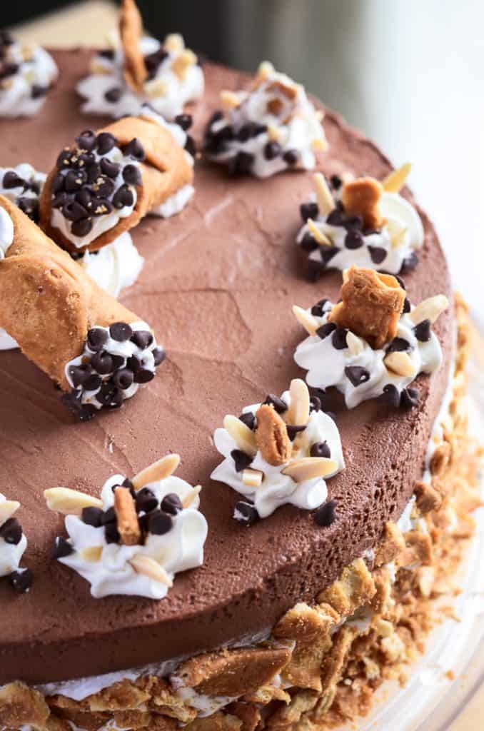 Closeup overhead photo of a chocolate cannoli cheesecake for Valentine's day chocolate dessert recipes collection