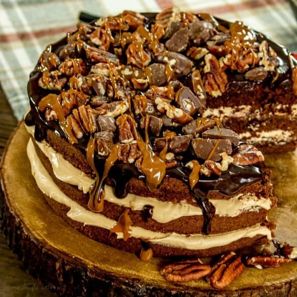 A chocolate cake with nuts and caramel for chocolate dessert recipe roundup for valentines day