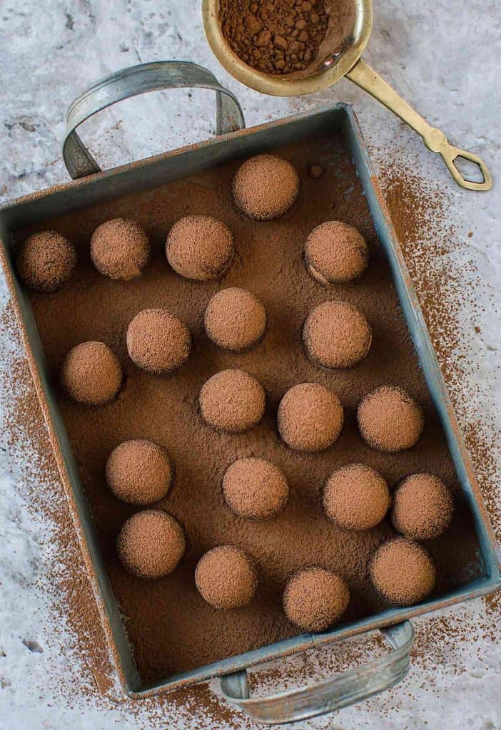 Overhead photo of chocolate truffles  candy for chocolate dessert recipes collection for Valentine's day