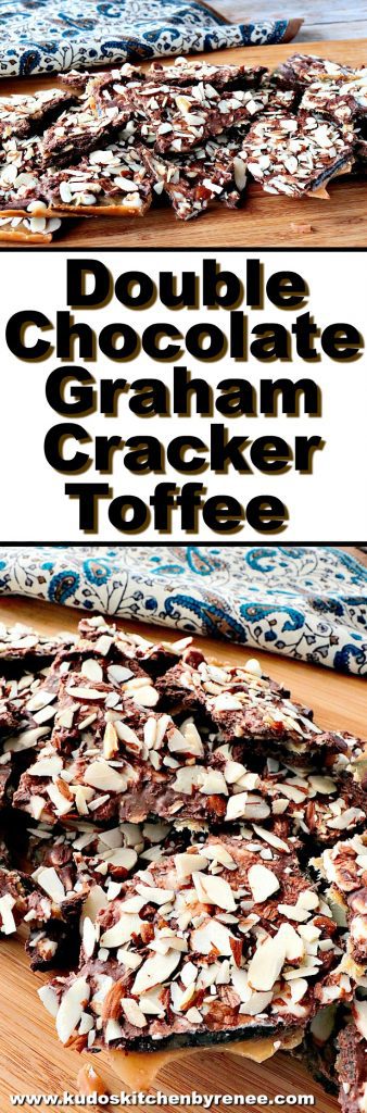 Photo collage image of double chocolate graham cracker toffee with title text overlay graphics.