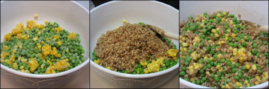 Photo collage of how to make farro salad with peas and mint.