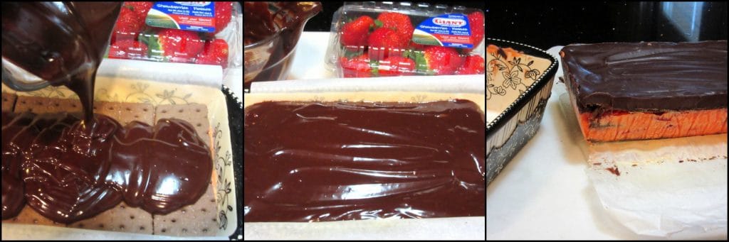 How to make easy No Bake Layered Chocolate Strawberry Pudding Cake with chocolate graham crackers, fresh strawberries, pudding, and topped with chocolate ganache. - www.kudoskitchenbyrenee.com