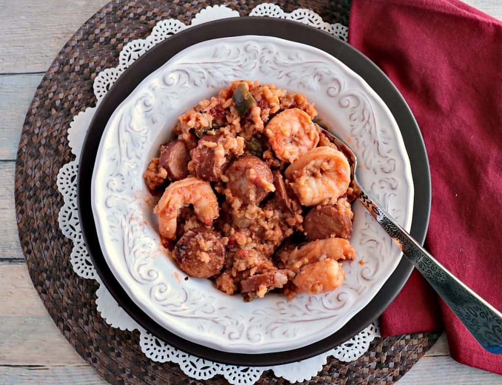 Sausage & Shrimp Jambalaya Kudos Kitchen Style - www.kudoskitchenbyrenee - smoked sausage - shrimp - brown rice - Cajun seasoning - Mardi Gras