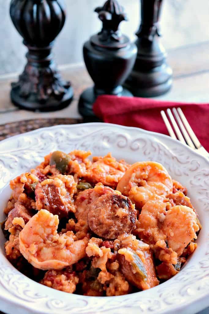 Sausage & Shrimp Jambalaya Kudos Kitchen Style - www.kudoskitchenbyrenee - smoked sausage - shrimp - brown rice - Cajun seasoning - Mardi Gras