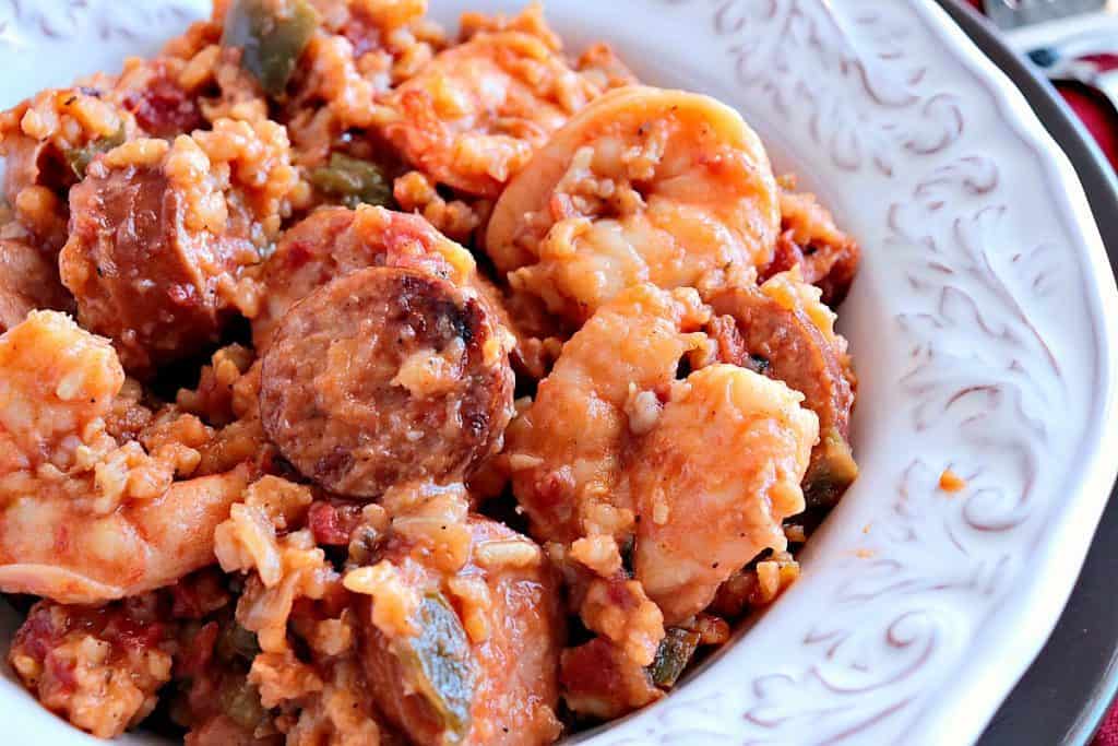 Sausage & Shrimp Jambalaya Kudos Kitchen Style - www.kudoskitchenbyrenee - smoked sausage - shrimp - brown rice - Cajun seasoning - Mardi Gras