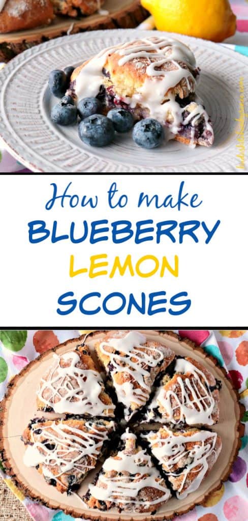 Vertical title text collage image of Blueberry Lemon Scones along with a title text overlay graphic in the center.