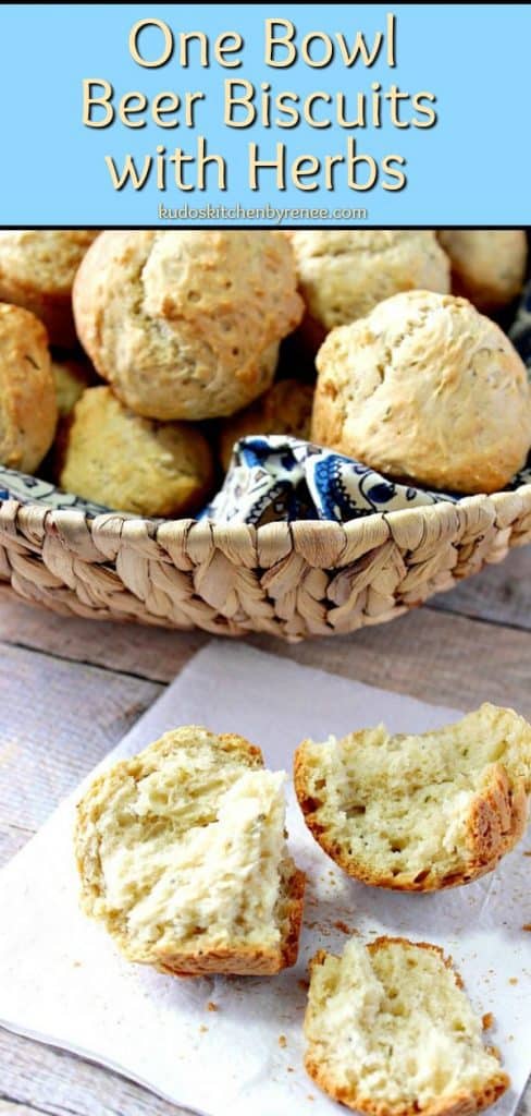 These One Bowl Homemade Beer Bread Biscuits with Herbs come together quickly with no shaping and no cutters. All you'll need is a bowl, spoon, and muffin tin to make these incredibly delicious and golden biscuits. Make some today! - www.kudoskitchenbyrenee.com