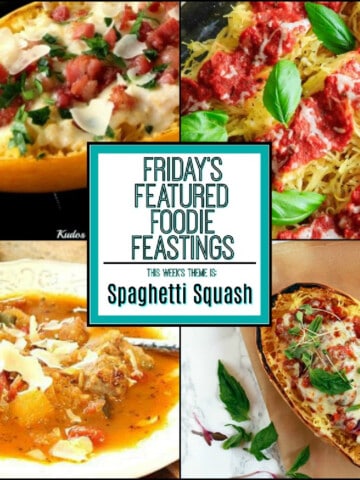 A four photo collage of spaghetti squash recipes for Spaghetti Squash Recipe Roundup.