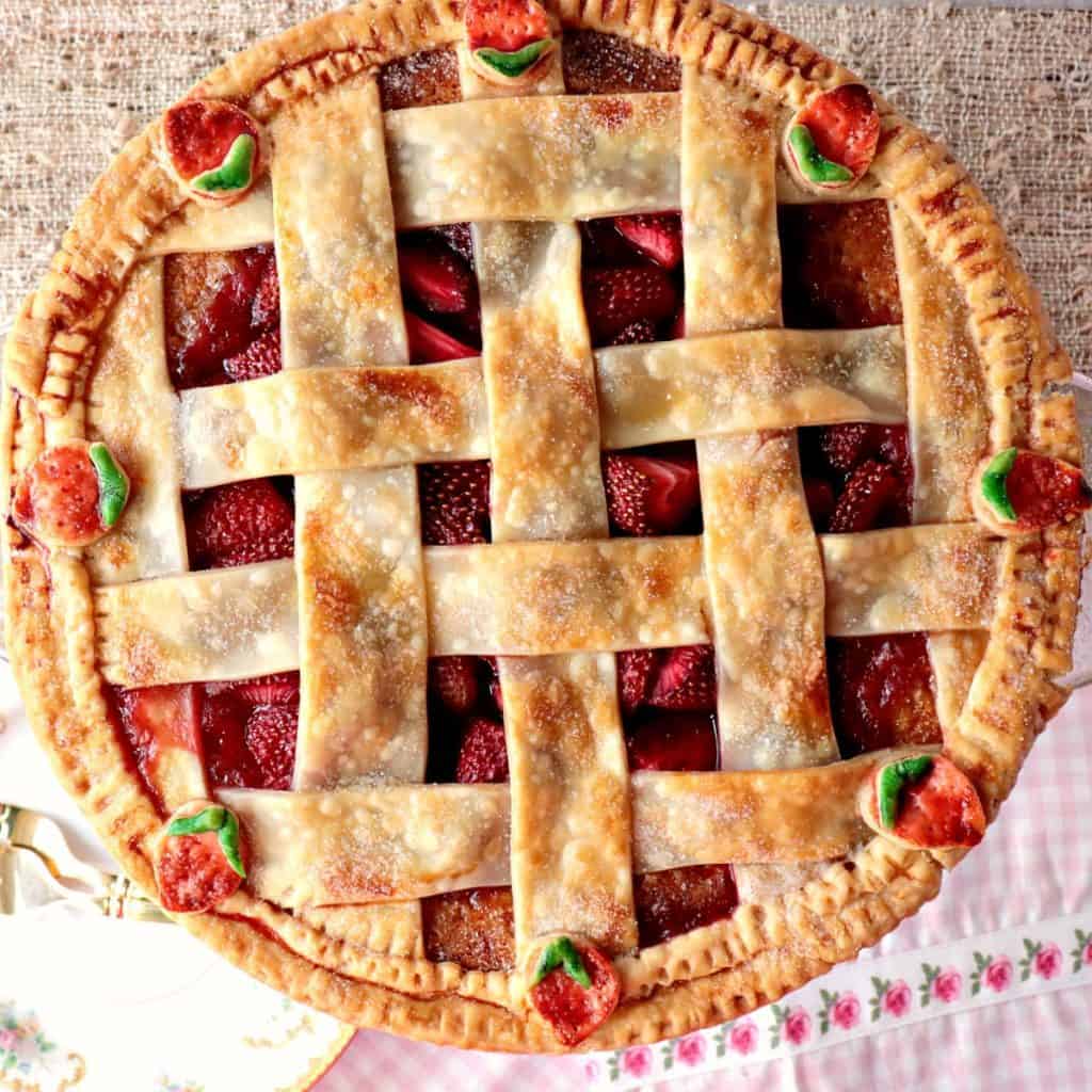 Surprise Strawberry Orange Pie Cake with Cute Lattice Pie Crust Topping - www.kudoskitchenbyrenee.com