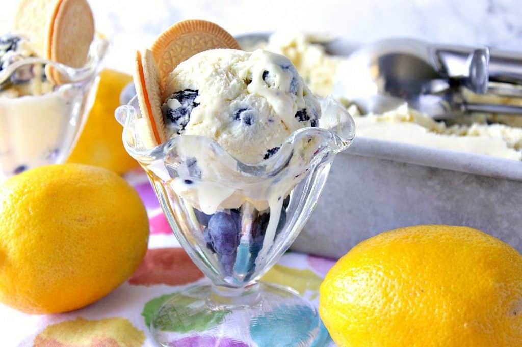 Old-fashioned glass ice cream dish with ice cream, lemons, blueberries, and cookies.