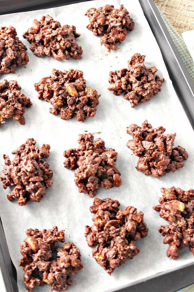 No Bake Peanut Butter & Chocolate Granola Jumbles on a baking sheet.